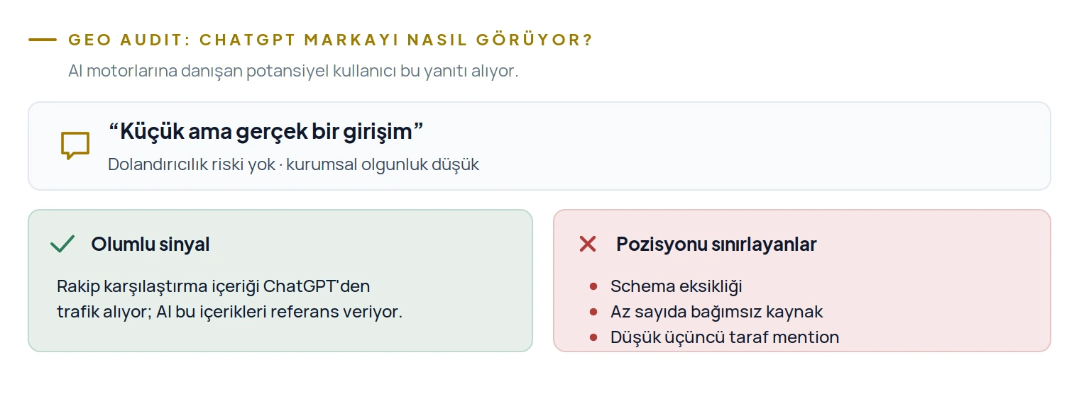 ChatGPT markayı küçük ama gerçek bir girişim olarak tanımlıyor; schema eksikliği ve düşük mention pozisyonu sınırlıyor