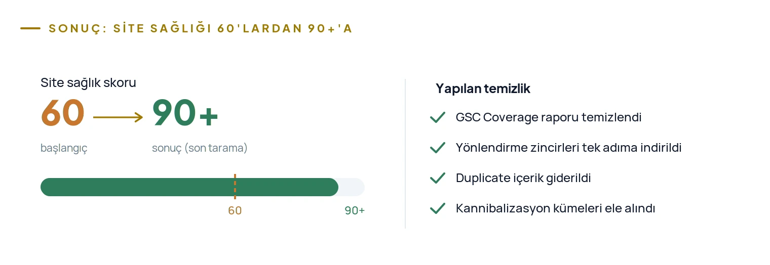 Site sağlık skoru 60'lardan 90'ın üzerine çıktı; Coverage temizlendi, zincirler çözüldü, duplicate giderildi