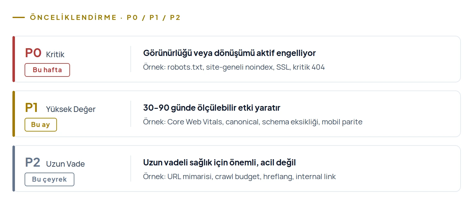 Teknik SEO önceliklendirme triyajı: P0 bu hafta, P1 bu ay, P2 bu çeyrek