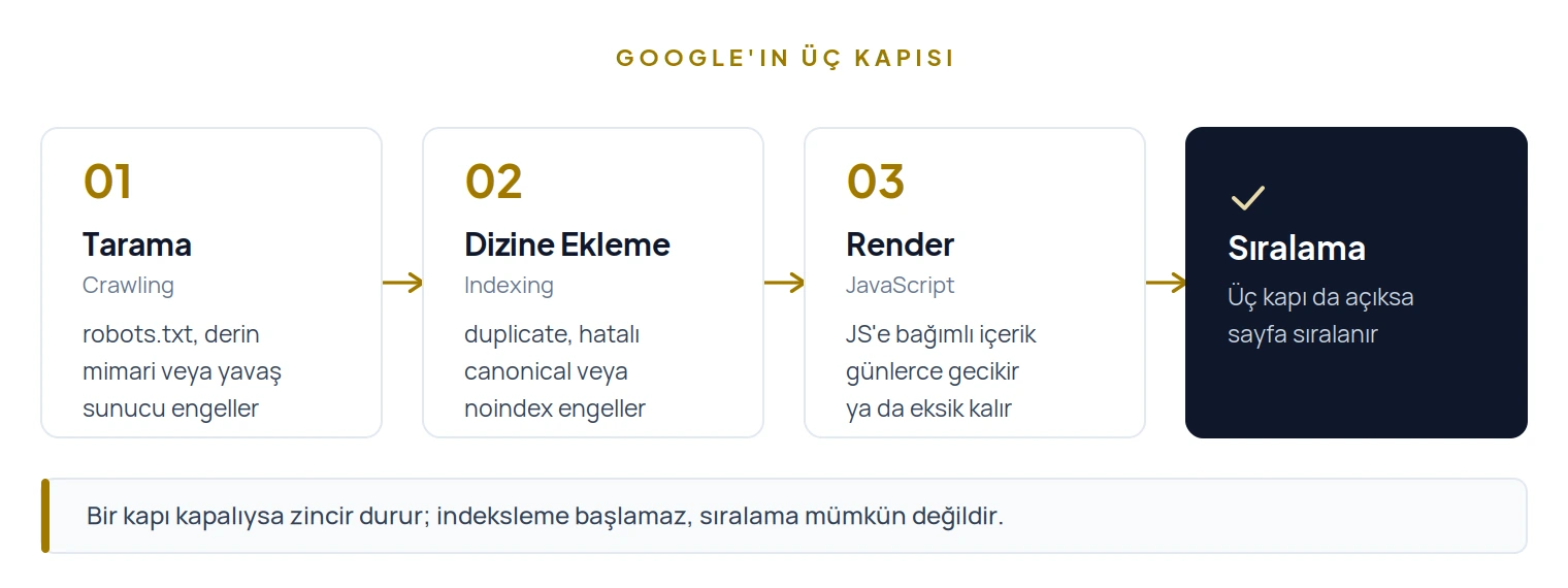 Google'ın üç kapısı: tarama, dizine ekleme ve render aşamaları