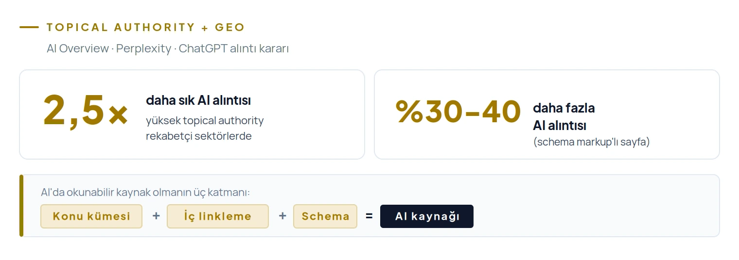 Yüksek topical authority 2,5 kat, schema markup %30-40 daha fazla AI alıntısı sağlıyor