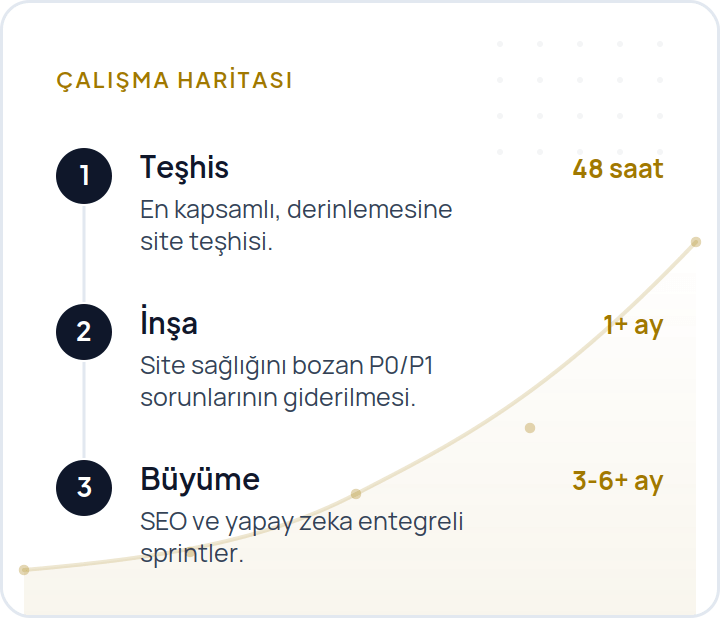 Çalışma haritası: Teşhis 48 saat, İnşa 1+ ay, Büyüme 3-6+ ay.