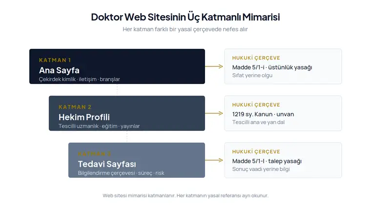 Doktor web sitesinin ana sayfa, hekim profili ve tedavi sayfasından oluşan üç katmanlı bilgi mimarisi