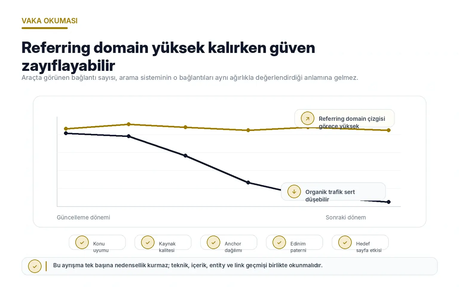 Referring domain çizgisi yüksek kalırken organik trafik düşüşünün link sayısının tek başına kalite göstergesi olmadığını gösteren grafik özet