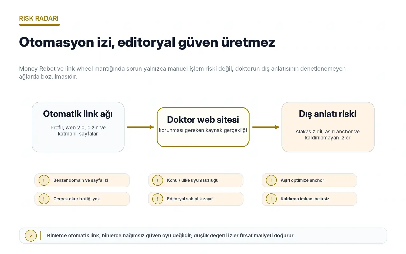Money Robot link wheel ve otomatik link ağlarında görülen profil dizin anchor ve katmanlı link risklerini gösteren risk radarı