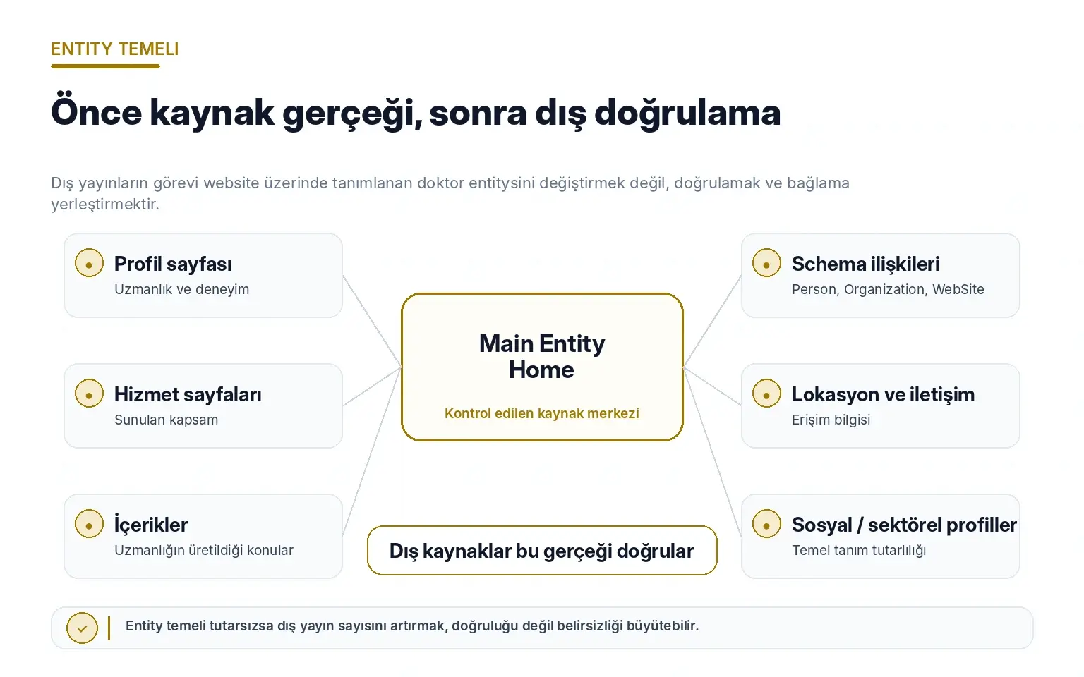 Main Entity Home yaklaşımıyla doktor profil hizmet içerik schema lokasyon ve sosyal profil tutarlılığını gösteren diyagram