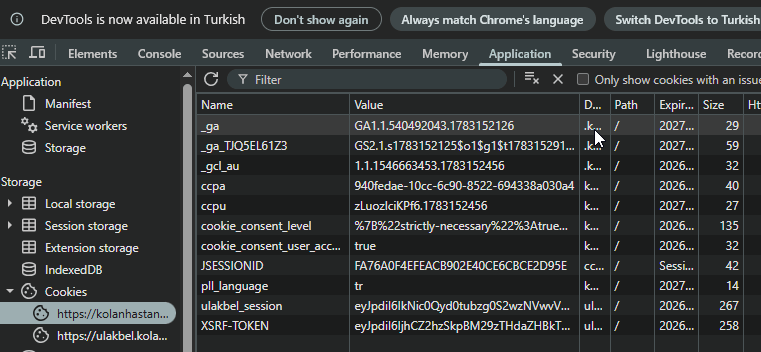 Sağlık kurumunun ana sitesindeki GA4 çerezleri ve client identifier değerleri