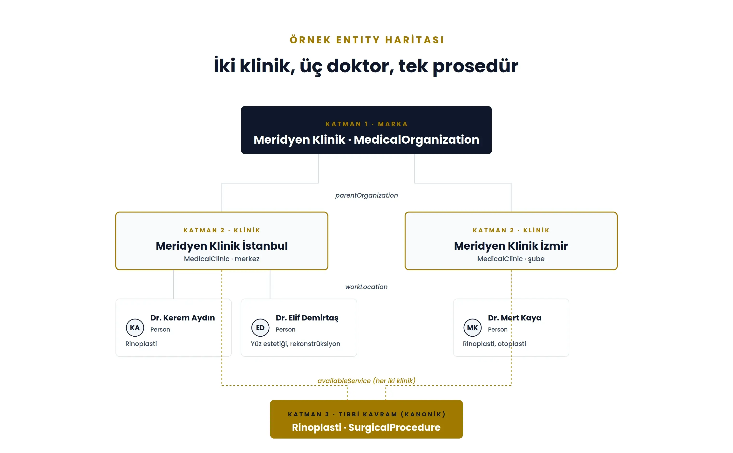 Örnek entity haritası: Meridyen Klinik markası altında İstanbul ve İzmir klinikleri, üç doktor ve tek kanonik rinoplasti prosedürü arasındaki bağlantılar